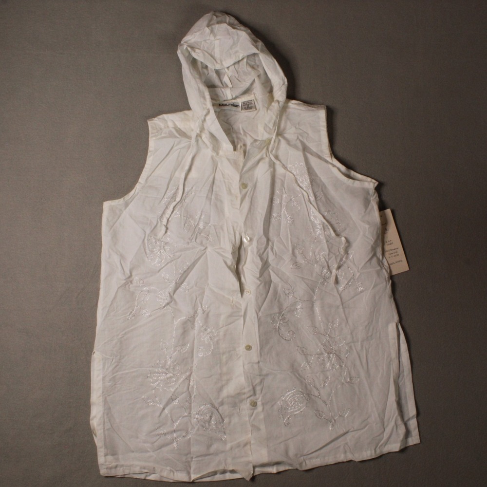 Millenium Womens White Hooded Cover‎ Up Size Large Embroidered Beach Swim